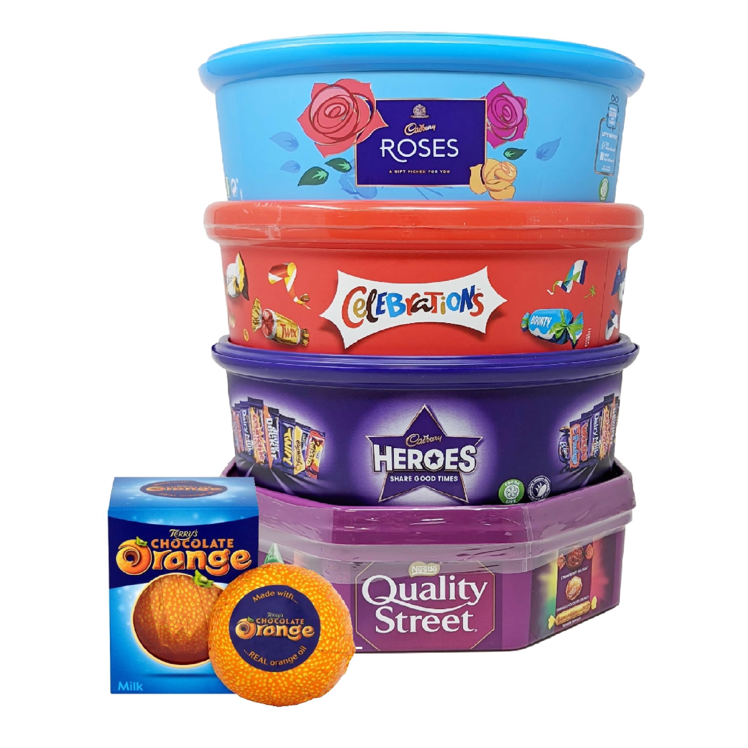 【Flash Sale】Assorted Christmas Chocolate Tubs Selection - Pack of 5 - Bulk Buy of Roses, Heroes, Quality Street, Celebrations Chocolate Pralines & 1 Terry's Orange Chocolate with Topline Card for Chocolate Gifts
